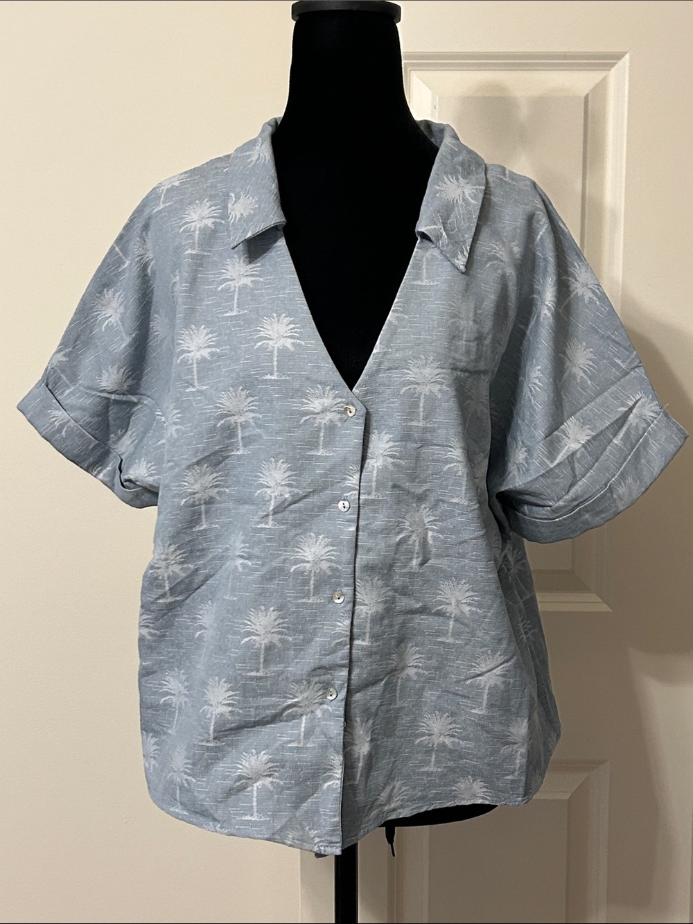 Zara Light Blue Palm Print Button-Up Top